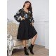 V Neck Black Printed Plus Size Knee Length Dress