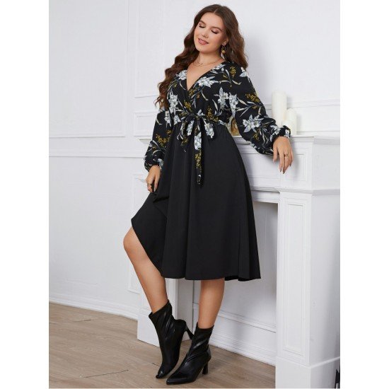 V Neck Black Printed Plus Size Knee Length Dress