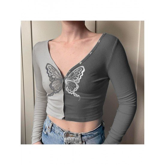  Stylish V Neck Contrast Color Women's Crop Top