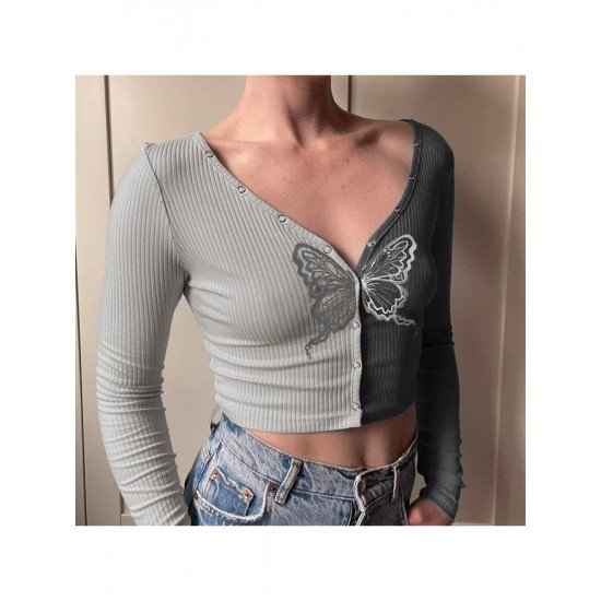  Stylish V Neck Contrast Color Women's Crop Top