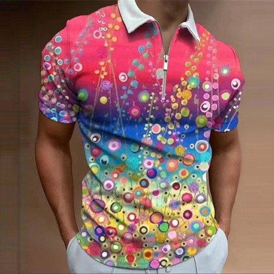  Men's Printed Gradient Color Zipper Up Polo Shirt