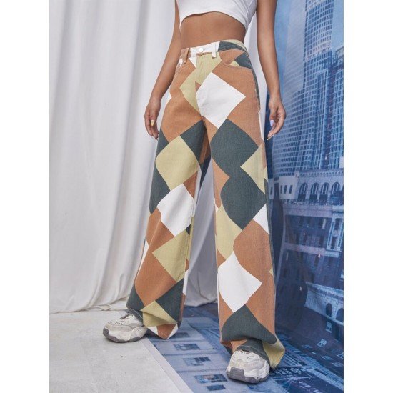  Stylish Rhombus Lattice High Waist Denim Pants