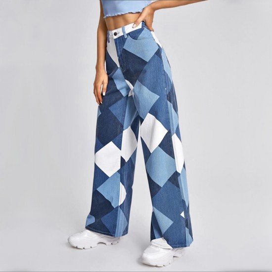  Stylish Rhombus Lattice High Waist Denim Pants