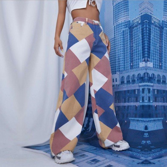  Stylish Rhombus Lattice High Waist Denim Pants