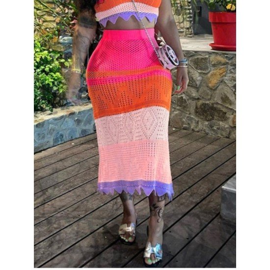 Color Blocking Vacation Midi Skirts For Women