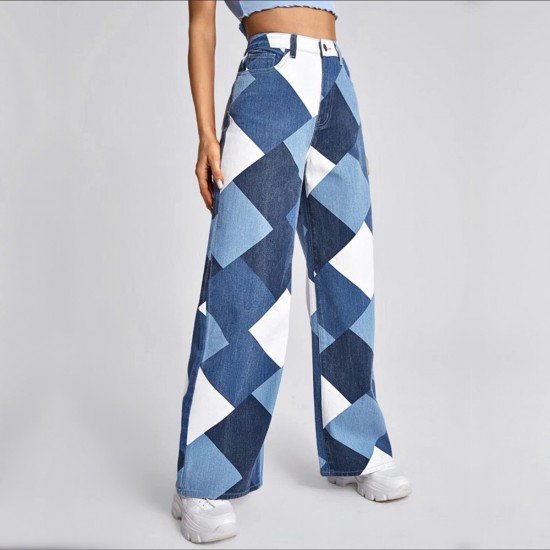  Stylish Rhombus Lattice High Waist Denim Pants