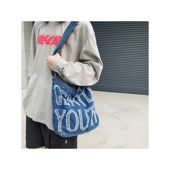 Letter Blue Casual Denim Tote Bags