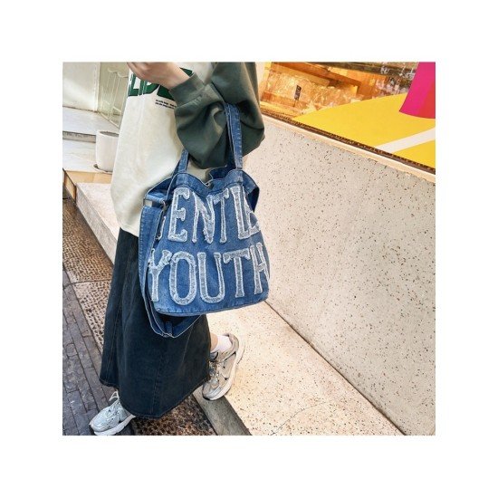 Letter Blue Casual Denim Tote Bags