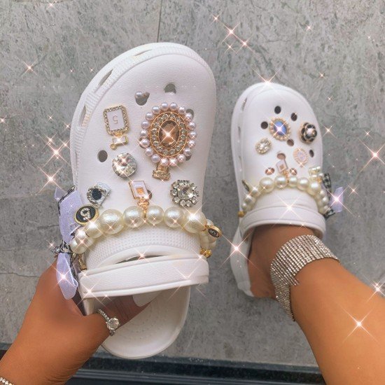 Rhinestone Faux Pearl White Slippers For Women