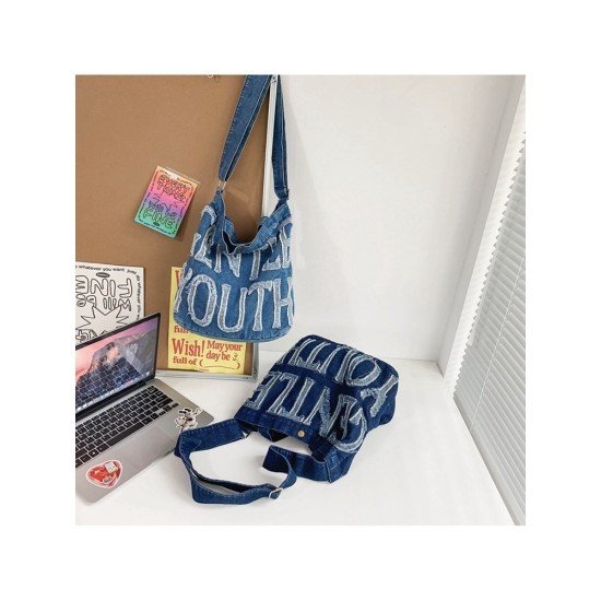 Letter Blue Casual Denim Tote Bags