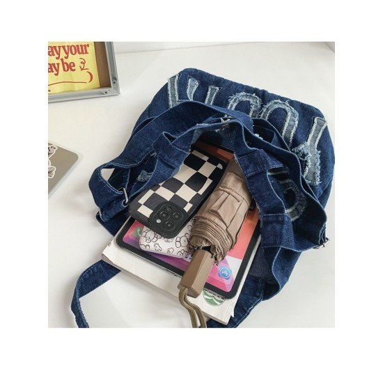 Letter Blue Casual Denim Tote Bags