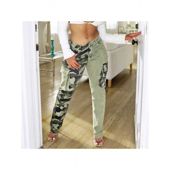 Camouflage Pencil Leg Green Jean Trousers