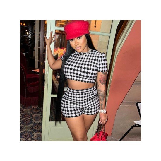 Plaid Puff Sleeve Matching 2 Piece Short Sets