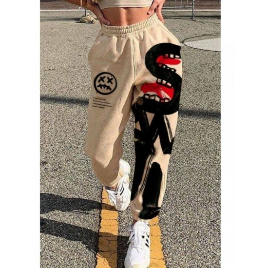 Stylish Elastic Waist Printed Women Jogger Trousers