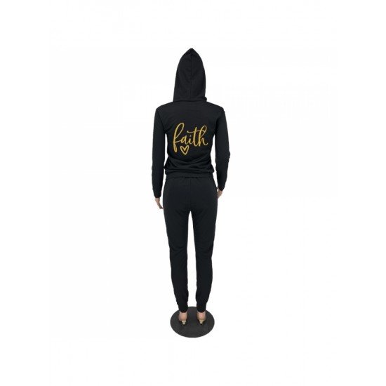  Casual Letter Printing Hooded Women's Trouser Suits