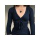 V Neck Fitted Solid Long Sleeve Tops