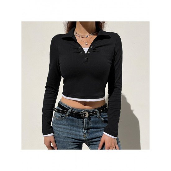  Basic Contrast Color Patchwork Long Sleeve Top