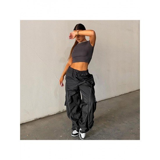 Hip Hop Black Wide Leg Drawstring Trousers