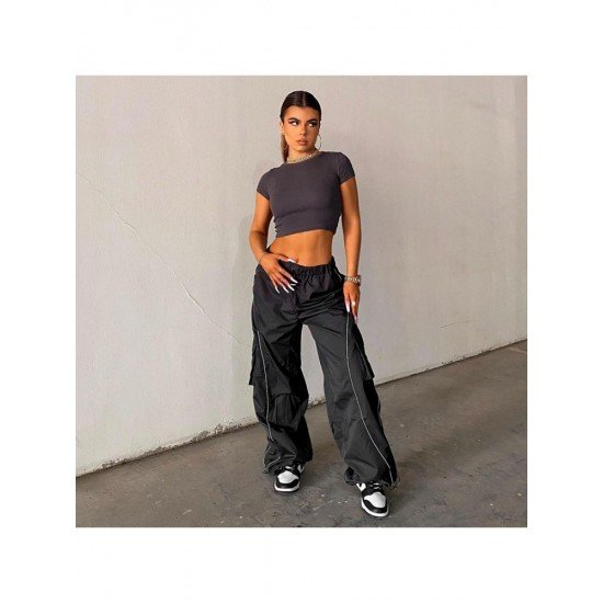 Hip Hop Black Wide Leg Drawstring Trousers