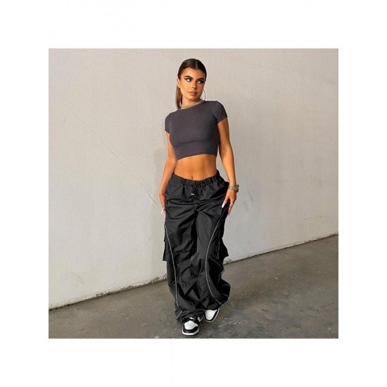 Hip Hop Black Wide Leg Drawstring Trousers