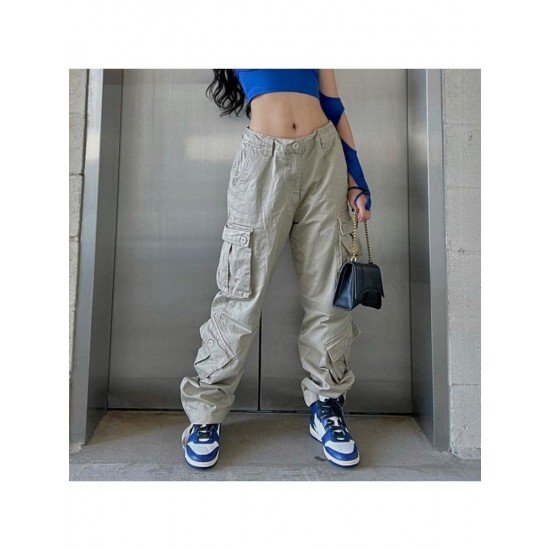 Trendy Solid Pockets Straight Leg Jean Trousers