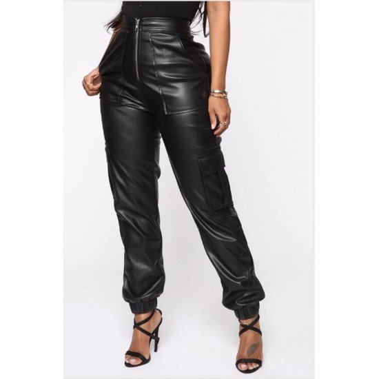  PU Fashion Zipper Casual Leather Pants