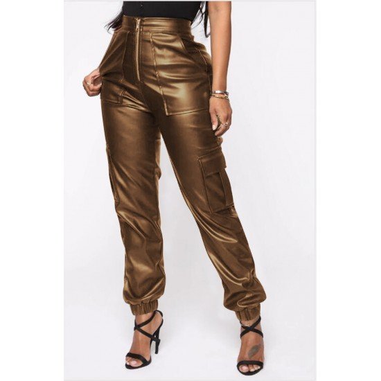  PU Fashion Zipper Casual Leather Pants