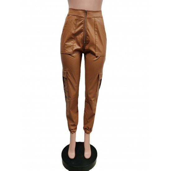  PU Fashion Zipper Casual Leather Pants