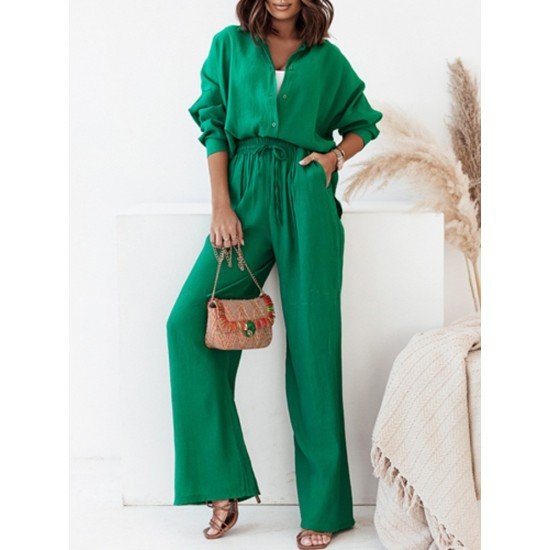 Casual Street Solid Matching Blouse And Trouser Sets