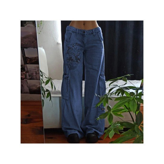 Low Rise Fish Embroidery Loose Blue Jean Trousers