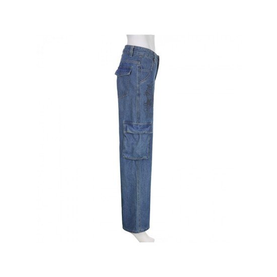 Low Rise Fish Embroidery Loose Blue Jean Trousers