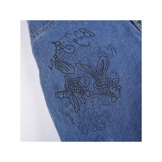 Low Rise Fish Embroidery Loose Blue Jean Trousers