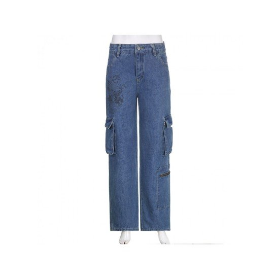 Low Rise Fish Embroidery Loose Blue Jean Trousers