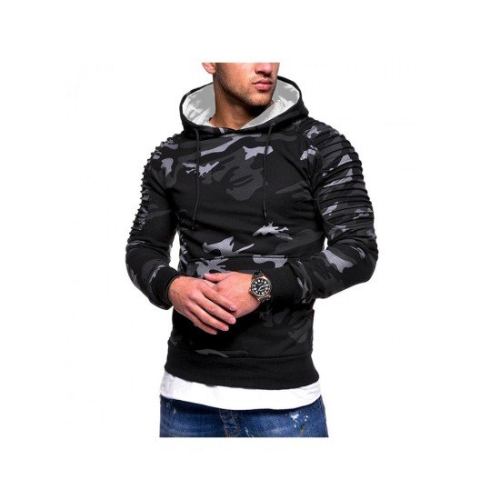 Men Ruched Camouflage Long Sleeve Hooded Collar Tops