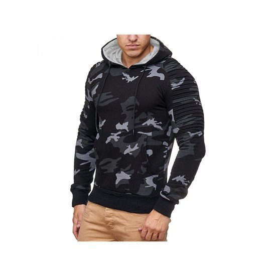 Men Ruched Camouflage Long Sleeve Hooded Collar Tops