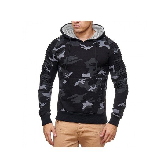 Men Ruched Camouflage Long Sleeve Hooded Collar Tops