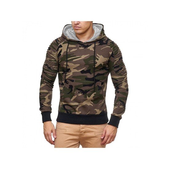 Men Ruched Camouflage Long Sleeve Hooded Collar Tops