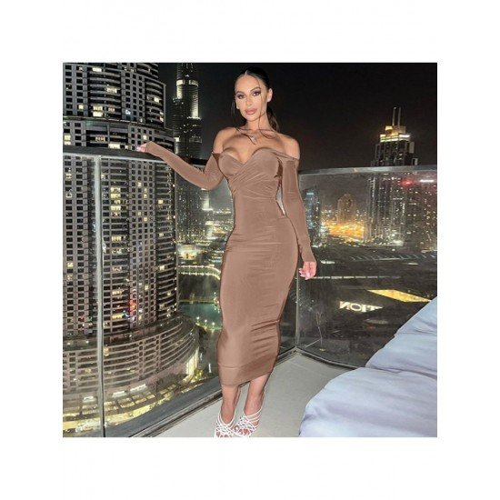 Backless V Neck Long Sleeve Maxi Dress