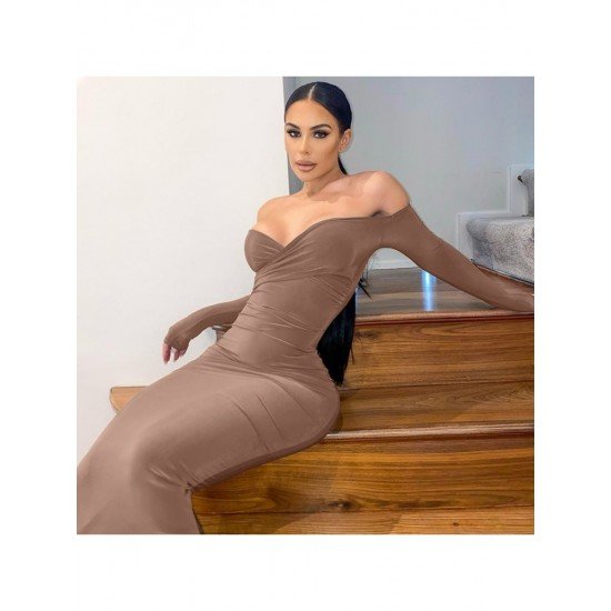 Backless V Neck Long Sleeve Maxi Dress