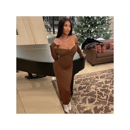 Backless V Neck Long Sleeve Maxi Dress