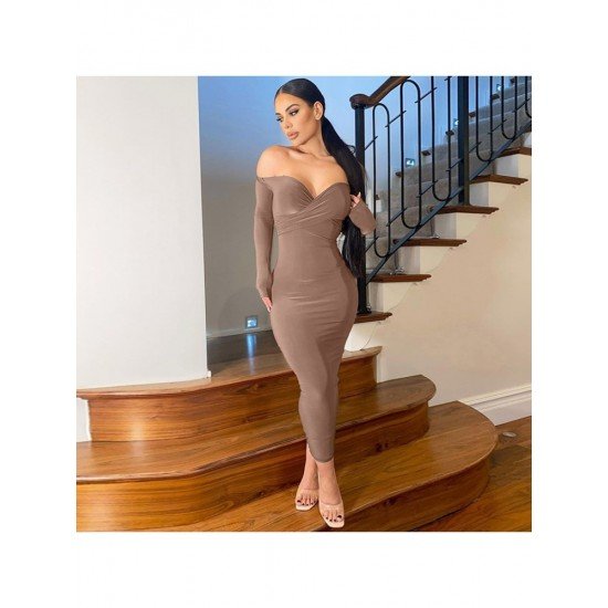 Backless V Neck Long Sleeve Maxi Dress