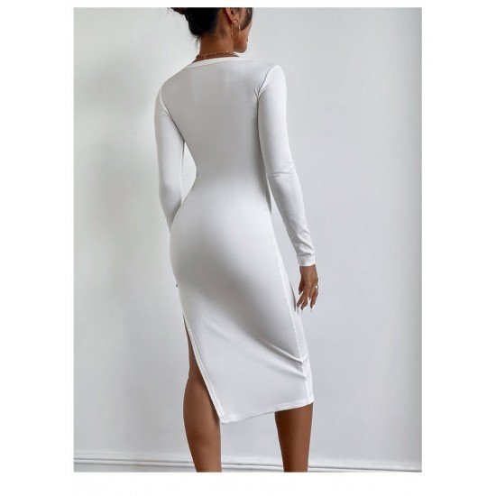 Casual White Solid Long Sleeve Slit Dresses