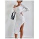 Casual White Solid Long Sleeve Slit Dresses