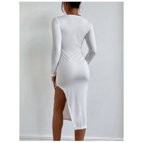 Casual White Solid Long Sleeve Slit Dresses