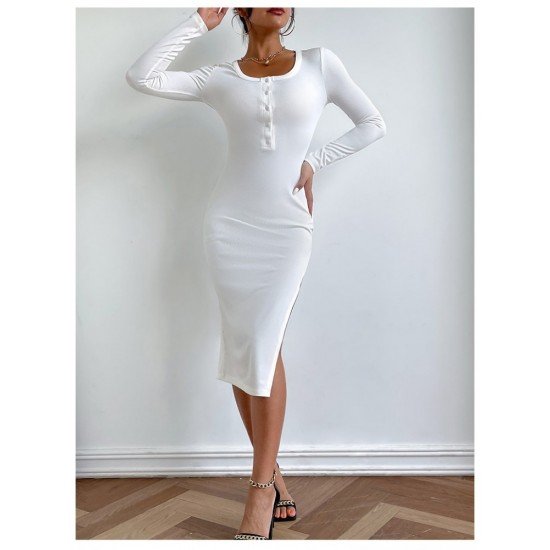 Casual White Solid Long Sleeve Slit Dresses