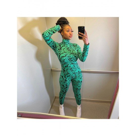 Turtle Neck Long Sleeve Printed Skinny Jumpsuits