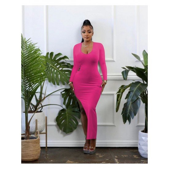  Pure Color Split Women's Long Sleeve Dress