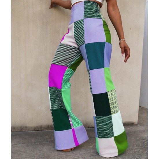 Plaid Color Blocking High Waist Flare Pants