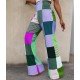 Plaid Color Blocking High Waist Flare Pants