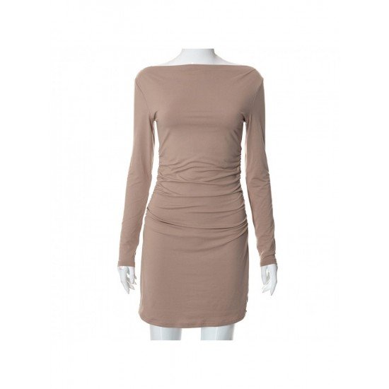  Autumn Solid Pullover Ruched Long Sleeve Dress